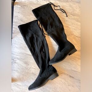 FINAL! BLACK FAUX SUEDE OVER THE KNEE TIE TOP FLAT HEEL BOOTS